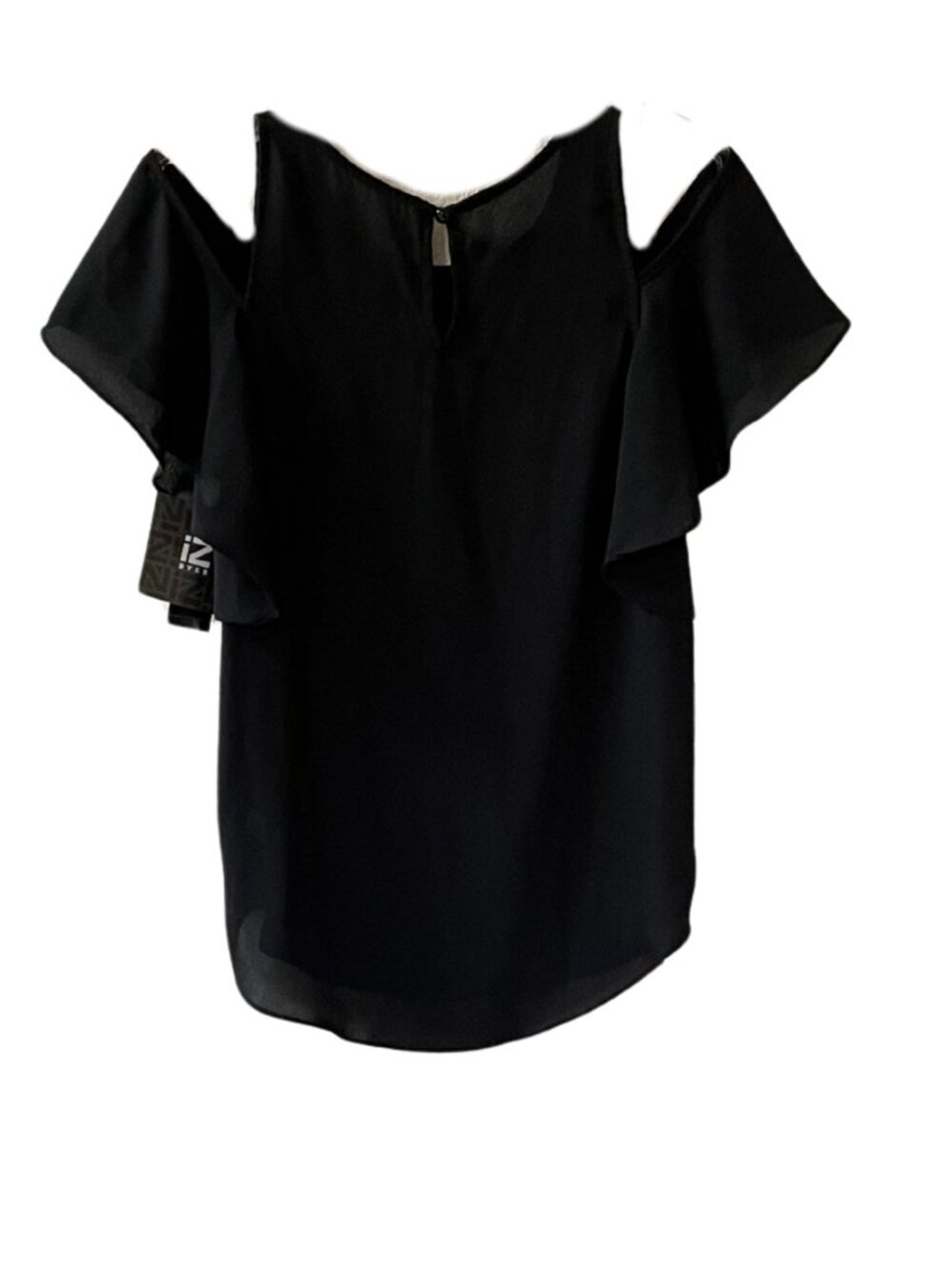 IZ BYER Womens Extra Small Black Cold Shoulder Flutter Sleeve Chiffon Top NWT